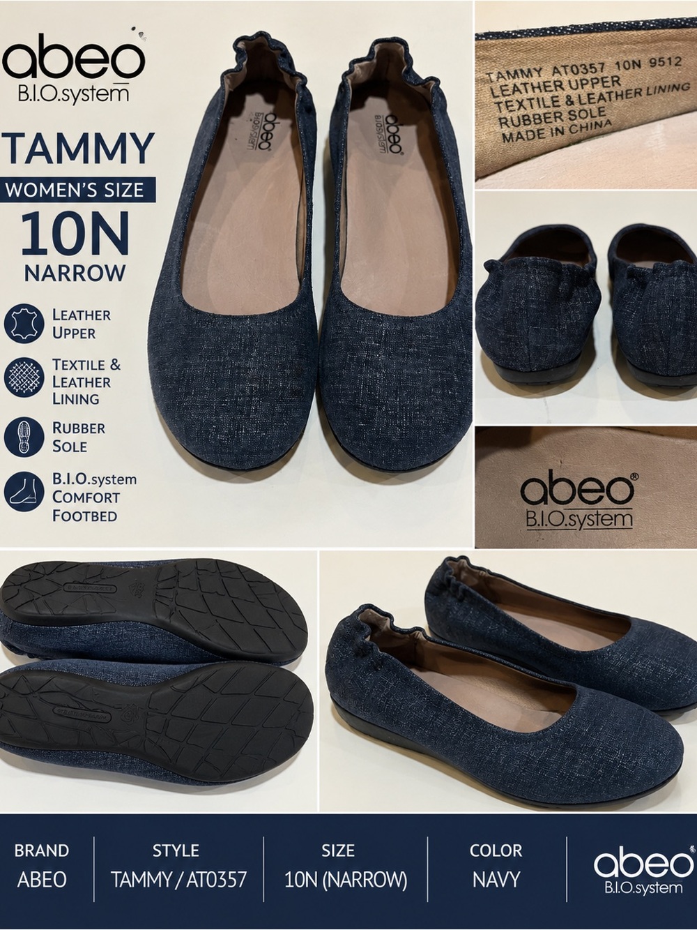 ABEO Tammy Ballet Flats 10N Navy Leather B.I.O. System Comfort Shoes.